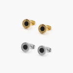 Broqueles Acero Inoxidable Esmalte Negro 8 mm. - Plata