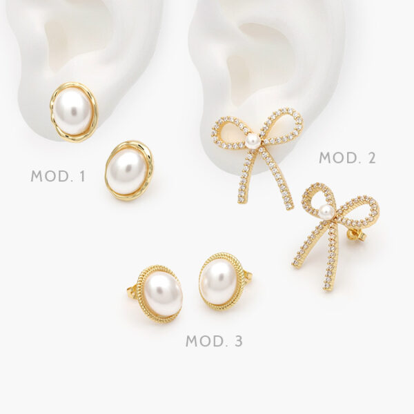 Aretes Moño Perlas Chapa de Oro 631 - Image 1