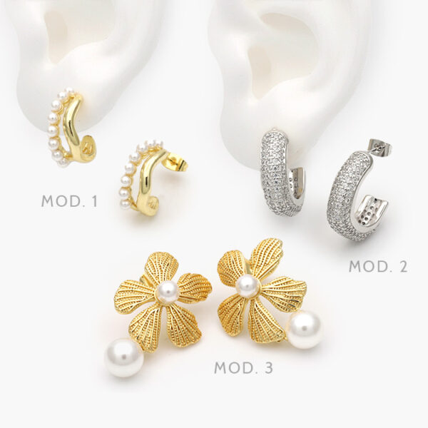 Aretes Flor Perlas Chapa de Oro 635 - Image 1