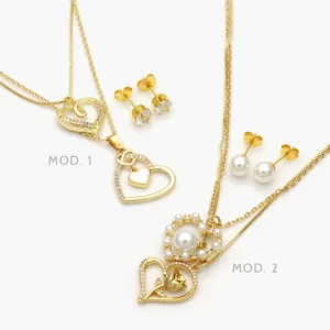 Juego Corazónes Perla Chapa de Oro 75