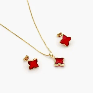 Juego Flor Zirconia Roja Chapa de Oro 93