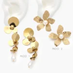 Aretes Largos Flores Perla Acero Inoxidable 325