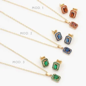 Juego Zirconia Rectángular Chapa de Oro 115