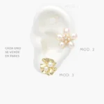 Broqueles Flores Perla Zirconia Blanca Chapa de Oro 447