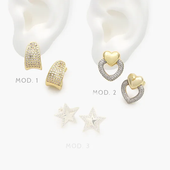 CA10694 Aretes Zirconias Blancas Bicolor Chapa de Oro 694 - Image 1