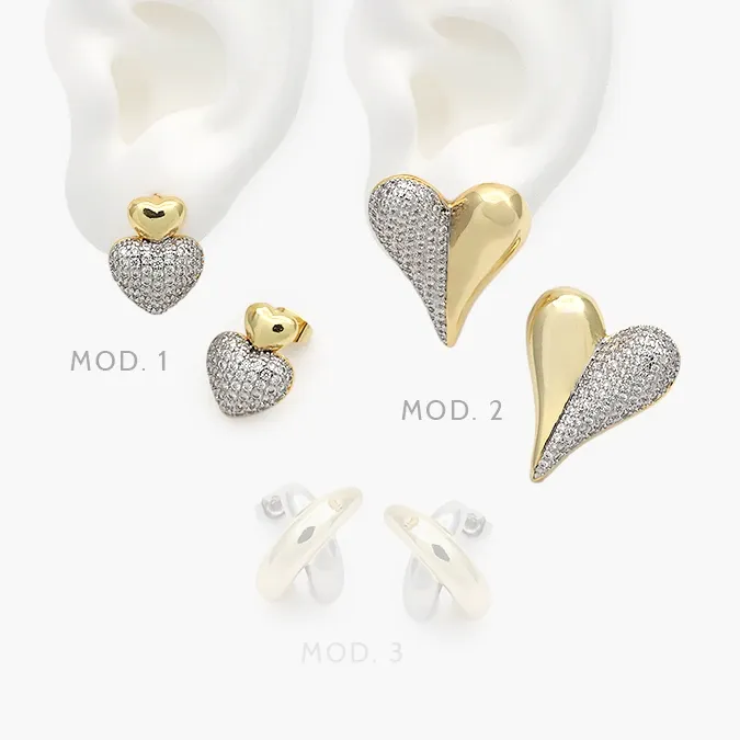 CA10702 Aretes Corazones Bicolor con Piedras Blancas Chapa de Oro 702 - Imagen 1