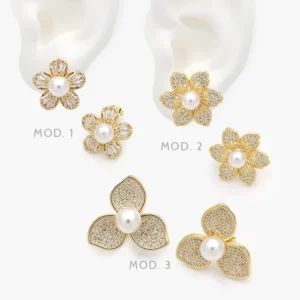 Aretes Flores Perla Chapa de Oro 708