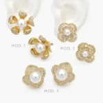 Aretes Flores Perla Chapa de Oro 709