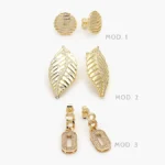 Aretes Hojas Zirconias Blancas Eslabones Chapa de Oro 733