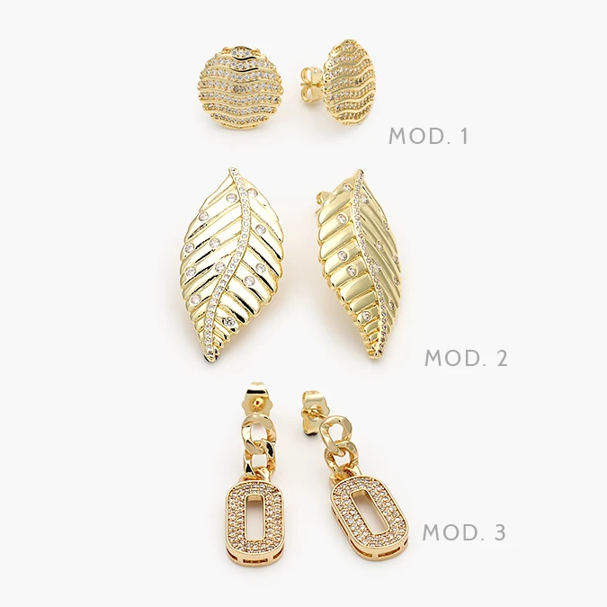 CA10733 Aretes Hojas Zirconias Blancas Eslabones Chapa de Oro 733 - Image 1