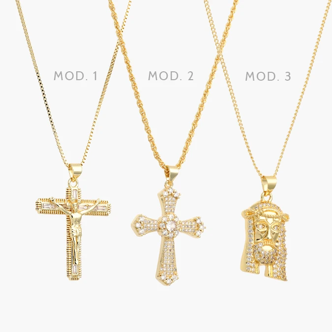 CDR0423 Collar Cruz Cristo Zirconias Blancas Chapa de Oro 423 - Image 1