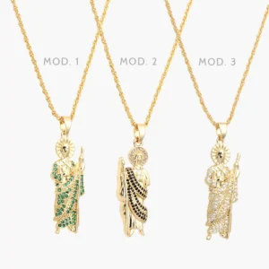Collar San Judas Tadeo Zirconias Verdes Blancas y Negras Chapa de Oro 425