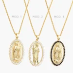 Collar Virgen de Guadalupe San Judas Tadeo Zirconias Blancas y Negras Chapa de Oro 426 - Modelo 1