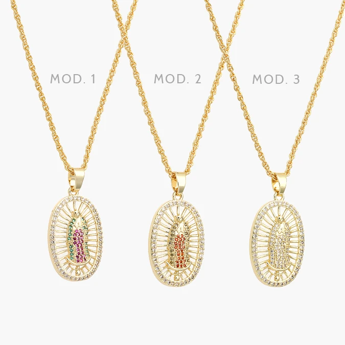 CDR0427 Collar Virgen de Guadalupe Zirconias Blancas y Rojas Chapa de Oro 427 - Image 1