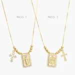 Collar Escapulario Cruz Virgen Guadalupe San Benito Zirconias Blancas Chapa de Oro 436