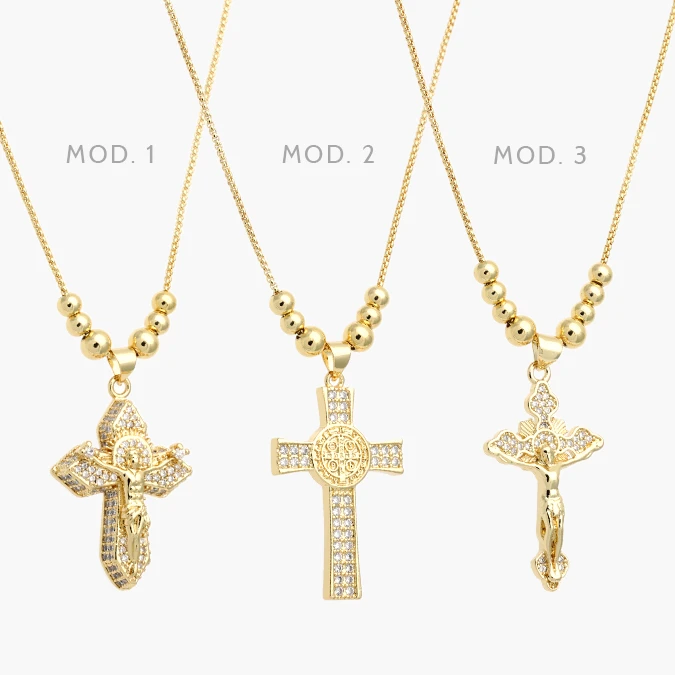 CDR0441 Collar Cruz Cristo Zirconias Blancas Chapa de Oro 441 - Image 1