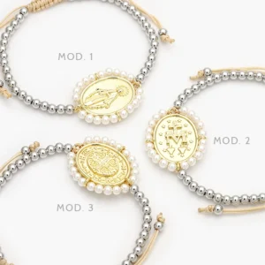 Pulso Bolitas Ajustable Bicolor Perlas San Benito Virgen Chapa de Oro/Rodio 317