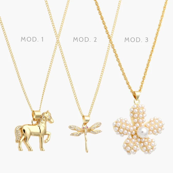 CTD723 Collar Caballo Libélula Flor Perlas Chapa de Oro 723 - Image 1