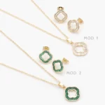 Juego Flores Treboles Zirconias Blancas y Verdes Chapa de Oro 152