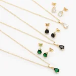 Juego Gotas Zirconias Blancas Negras y Verdes Chapa de Oro 159