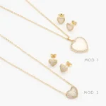 Juego Corazones Zirconias Blancas Esmalte Blanco Chapa de Oro 166