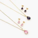 Juego Gotas Zirconias Rosas y Moradas Chapa de Oro 171