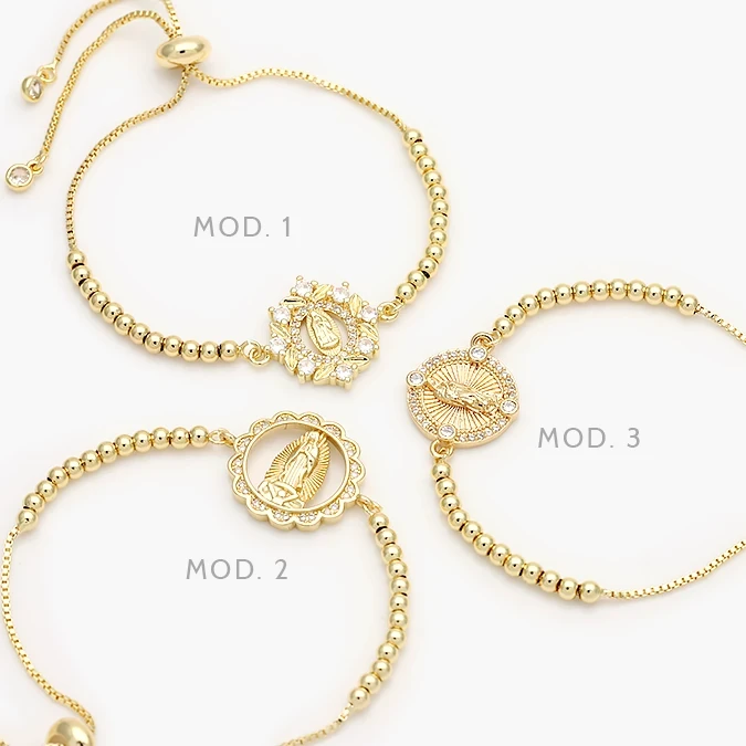 MPU870 Pulso Ajustable Bolitas Virgen Guadalupe Zirconias Blancas Chapa de Oro 870 - Imagen 1