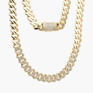 Cadena Mónaco 10mm. Zirconias Blancas Chapa de Oro 0567