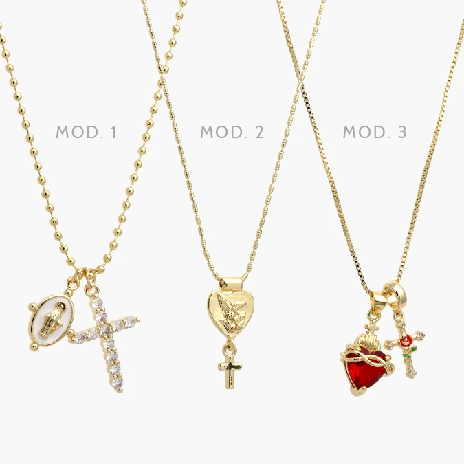 CDR0457 Collar Cruz Virgen Sagrado Corazón Chapa de Oro 457 - Imagen 1