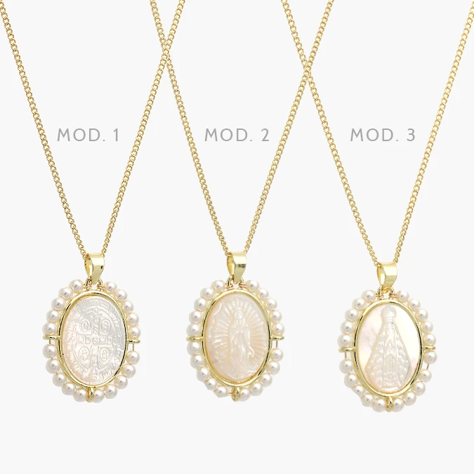 CDR0459 Collar San Benito Virgen Madre Perla Chapa de Oro 459 - Imagen 1