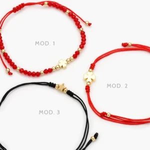 Pulso Tejido Rojo y Negro Ajustable Tréboles Estrella Chapa de Oro 324