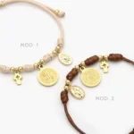 Pulso Tejido Ajustable Beige y Café Cruz San Benito Virgen Chapa de Oro 336