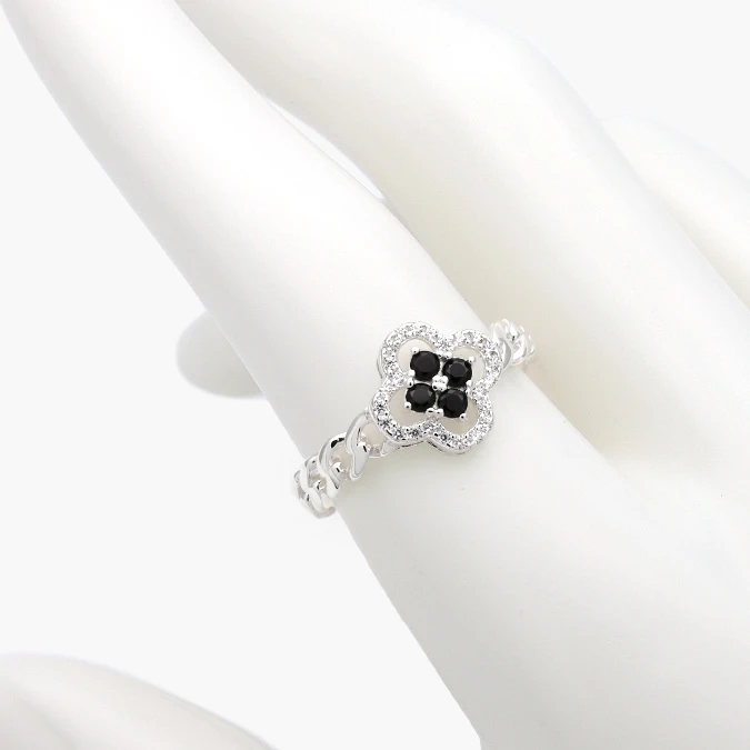 PB0292 Anillo Flor Trébol Zirconias Negras Plata .925 Mod. 292 - Imagen 1