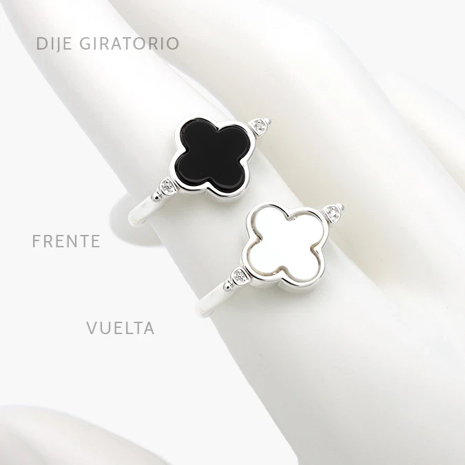 PB0302 Anillo Flor Trébol Blanco y Negro Plata .925 Mod. 302 - Imagen 1