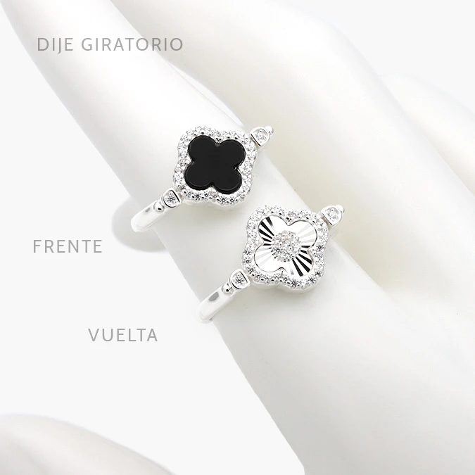 PB0304 Anillo Giratorio Flor Trébol Negro Plata .925 Mod. 304 - Imagen 1