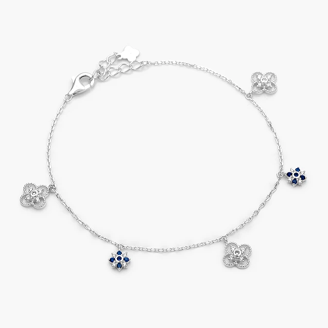PP0145 Pulso Plata .925 Flores Tréboles Zirconias Blancas y Azules 0145 - Image 1
