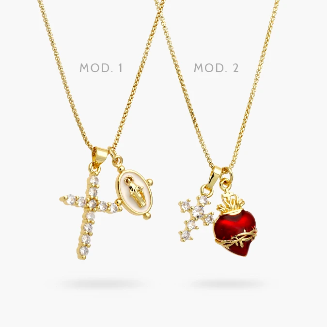 CDR0421 Collar Sagrado Corazón Cruz Virgen Chapa de Oro - Imagen 1
