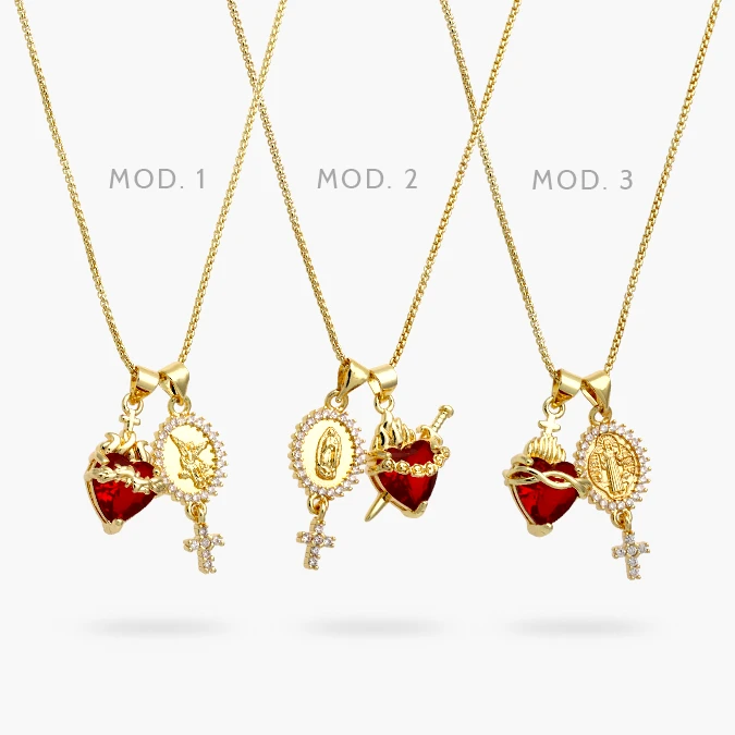 CDR0432 Collar Sagrado Corazón Virgen San Benito Angél Chapa de Oro 432 - Imagen 1