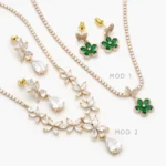Juego Fiesta Flores Zirconias Verdes y Blancas Chapa de Oro 206 - Modelo 1