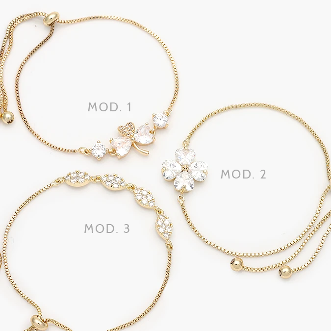 MPU0877 Pulsera Ajustable Zirconia Blanca Flor Trébol Chapa de Oro 877 - Imagen 1